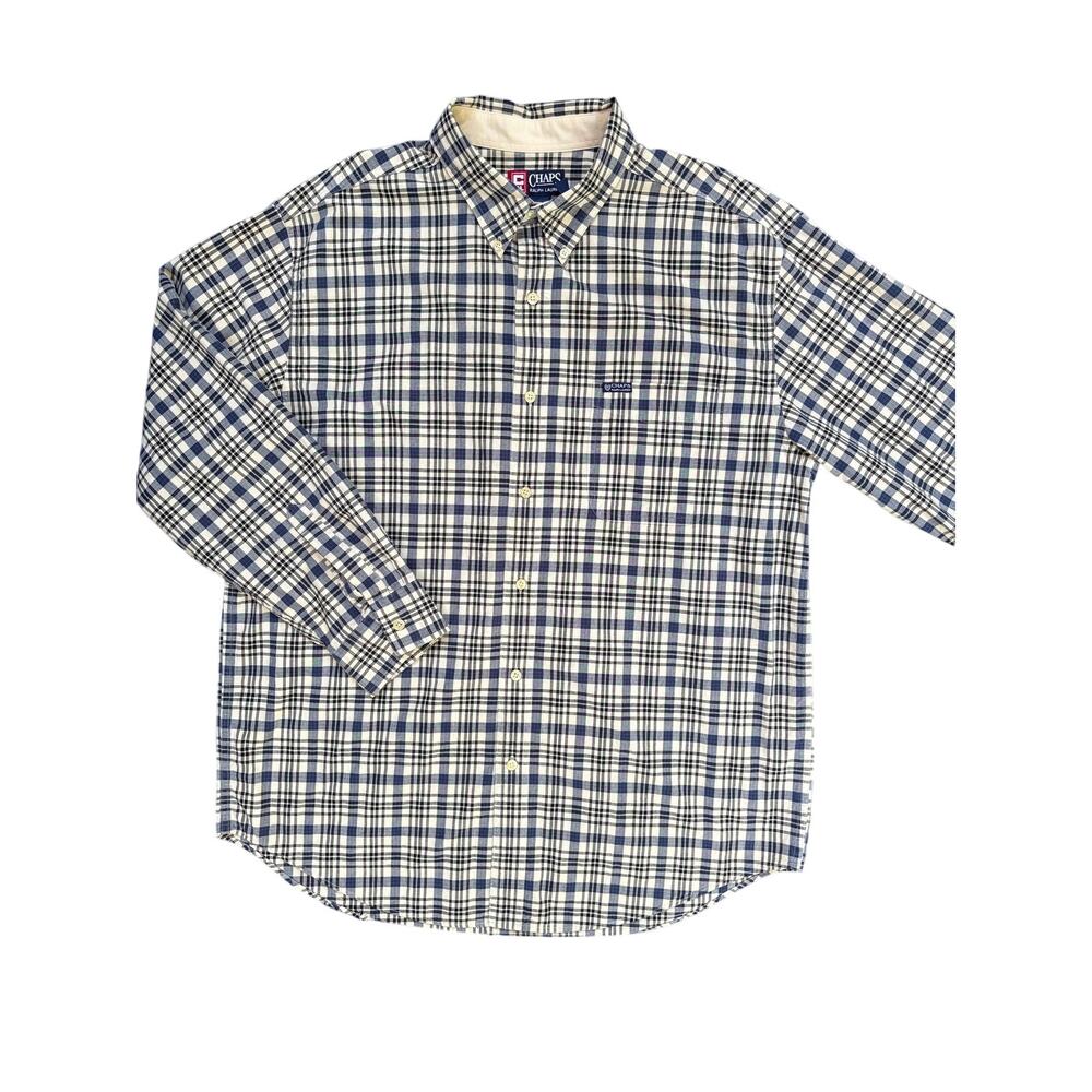 Chaps Ralph Lauren Mens XL Blue Cream Plaid 100% Cotton Button Down Shirt